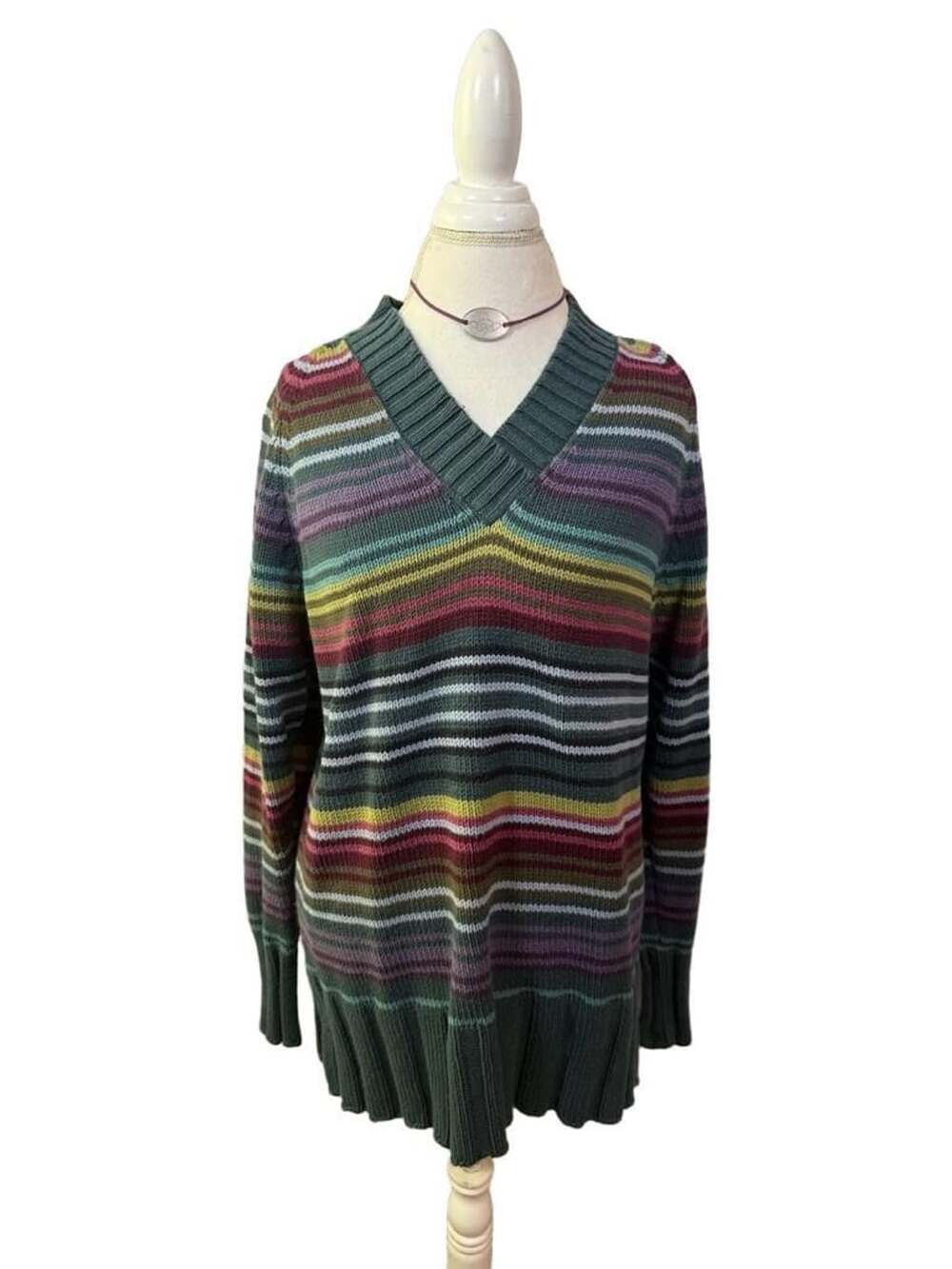 White Stag Striped Pullover Sweater Ribbed V-Neck XL